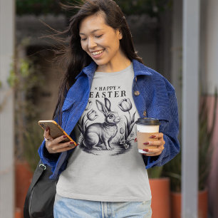 Camiseta Vintage Happy Easter Bunny con Tulips Retro Ink