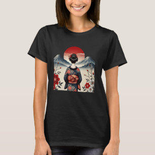 Camiseta Vintage japonés atardecer montaña Floral Geisha