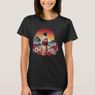Camiseta Vintage japonés atardecer montaña Floral Geisha