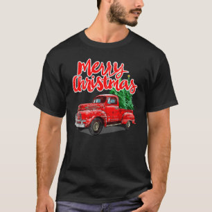 Camiseta Vintage Merry Christmas Tree Red Wagon Truck Outfi