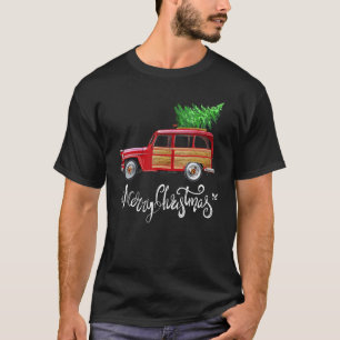 Camiseta Vintage Merry Christmas Tree Red Wagon Truck Outfi