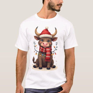 Camiseta Vintage Navidad Vaca Highland con Sombrero de Sant