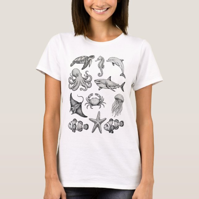 Camiseta Vintage Ocean Life Engraving Illustration (Anverso)