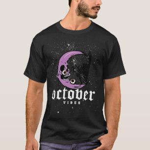 Camiseta Vintage October Vibes Black Cat Moon Halloween