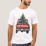 Camiseta Vintage Red Truck Merry Christmas<br><div class="desc">Navidades temáticos de la vieja usanza con un camión rojo vintage con un árbol de Navidad con nieve y copos de nieve cayendo. La Feliz Navidad es editable.</div>