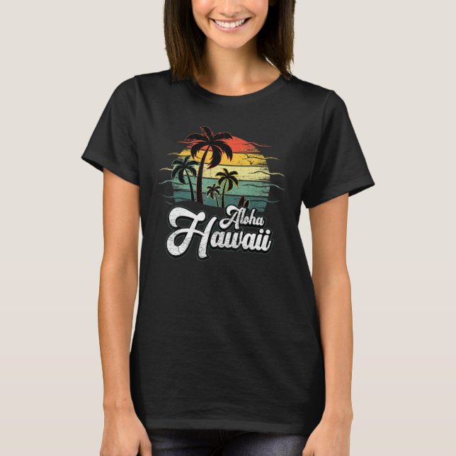 Camiseta Vintage Retro Palm Tree Beach Surfboard Hawai (Anverso)
