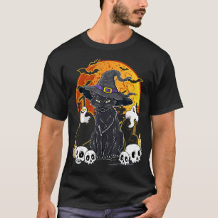 Camiseta Vintage Scary Halloween Black Cat Witch Gorra