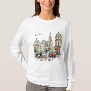 Camiseta Vintage Watercolor Vienna Austria Tram & Cathedral
