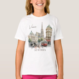 Camiseta Vintage Watercolor Vienna Austria Tram & Cathedral