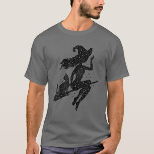 Camiseta Vintage Witch And Black Cat Halloween Funny Costum