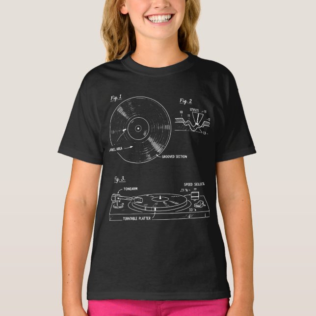 Camiseta Vinyl Turntable Blueprint: Retro Audio Diagram (Anverso)