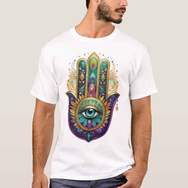 Camiseta Violet Green Gold Petals Hamsa Turquoise Third Eye (Anverso)