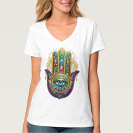 Camiseta Violet Green Gold Petals Hamsa Turquoise Third Eye