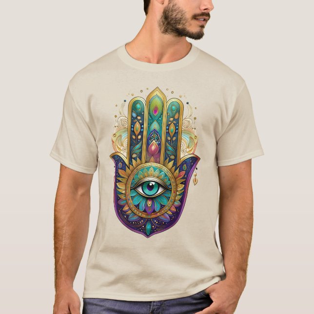 Camiseta Violet Green Gold Petals Hamsa Turquoise Third Eye (Anverso)