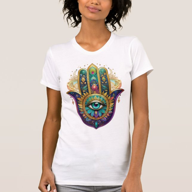 Camiseta Violet Green Gold Petals Hamsa Turquoise Third Eye (Anverso)