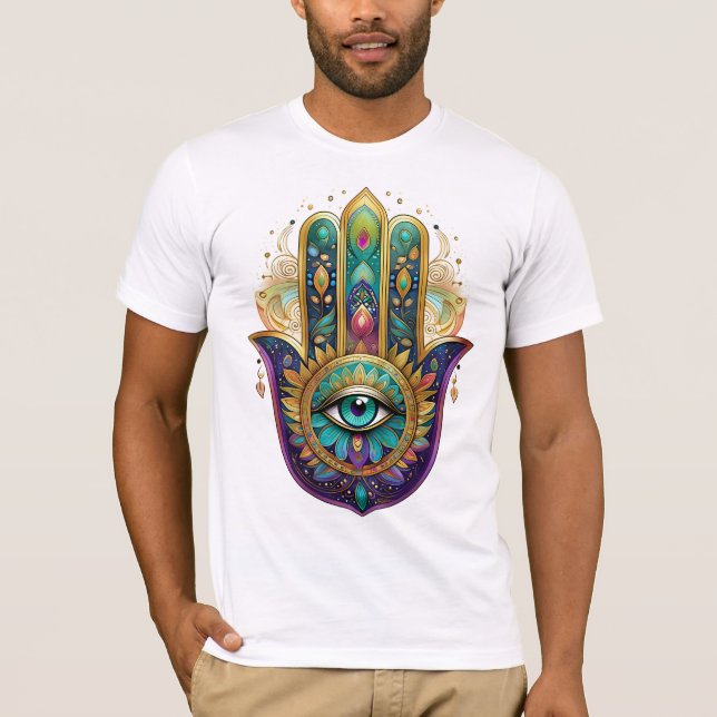 Camiseta Violet Green Gold Petals Hamsa Turquoise Third Eye (Anverso)
