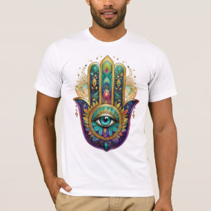 Camiseta Violet Verde Oro Pétalos Hamsa Turquesa Tercer Ojo