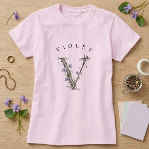 Camiseta Violeta Botánica 'V' Monograma con Abedul y Flores