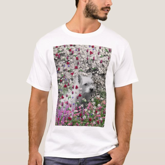 Camiseta Violeta en flores - perro blanco de Westie (Anverso)