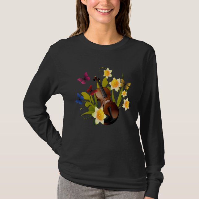 CAMISETA VIOLÍN, FLORES Y MARIPOSAS (Anverso)