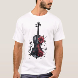 Camiseta Violín negro gótico con rosas rojas