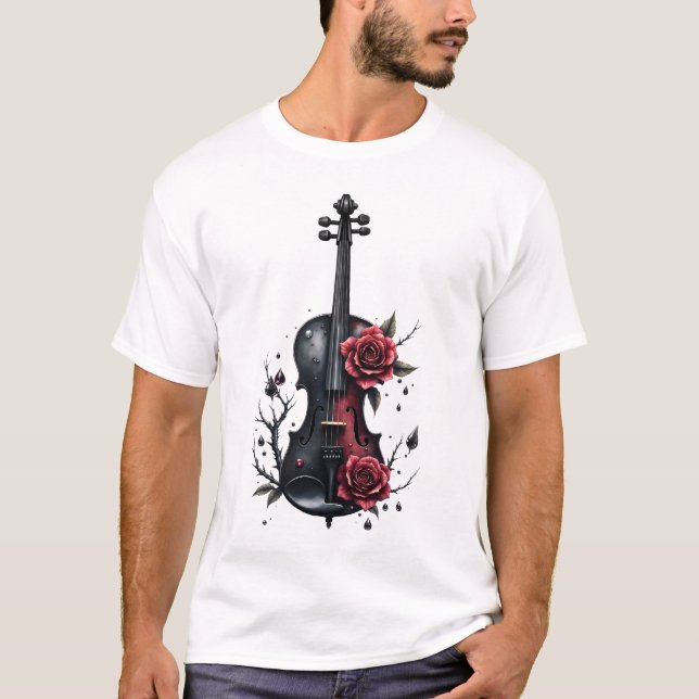 Camiseta Violín negro gótico con rosas rojas (Anverso)