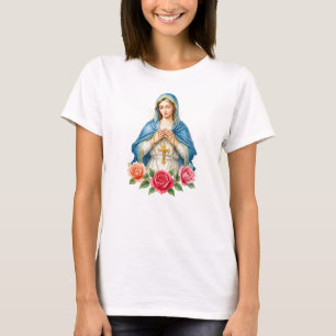 Camiseta Virgen María con Rosario Católico Floral