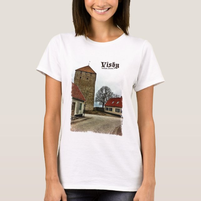 Camiseta Visby, torre de Gotland, Suecia con la frontera (Anverso)