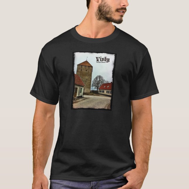 Camiseta Visby, torre de Gotland, Suecia con la frontera (Anverso)