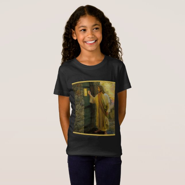 Camiseta Visita al amanecer Jesús tocando una puerta rústic (Anverso completo)