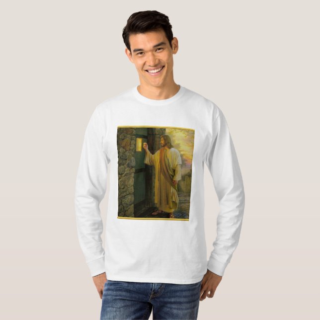 Camiseta Visita al amanecer Jesús tocando una puerta rústic (Anverso completo)