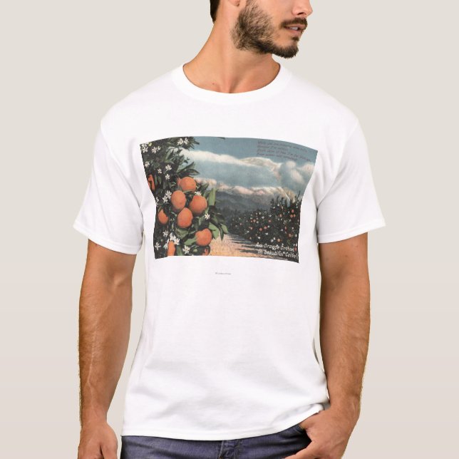 Camiseta Vista de una huerta anaranjada con las montañas (Anverso)