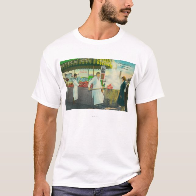 Camiseta Vista del muelle del pescador, el conseguir de los (Anverso)