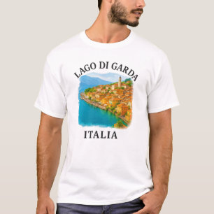 Camiseta Vista panorámica de la acuarela Lago di Garda Ital