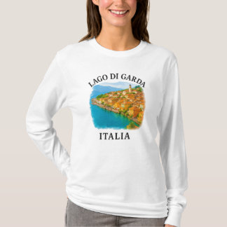 Camiseta Vista panorámica de la acuarela Lago di Garda Ital