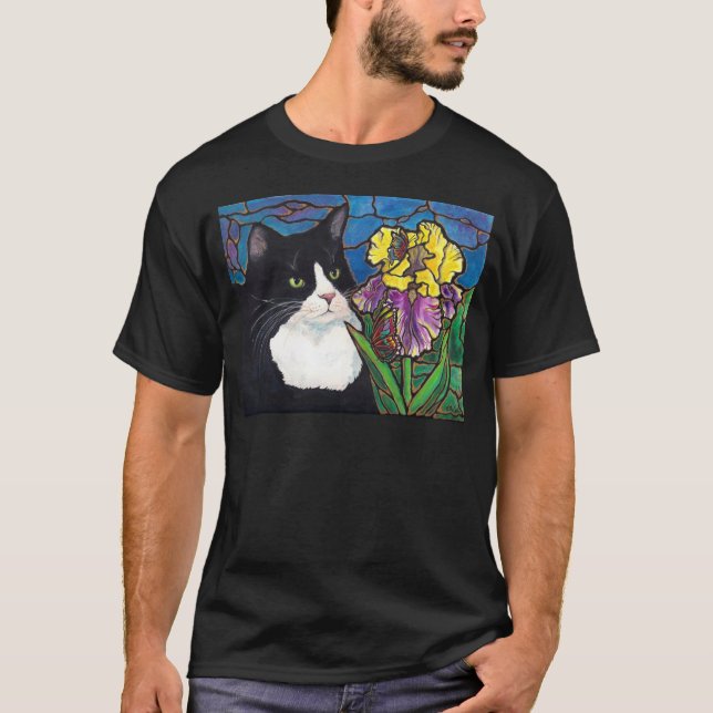 Camiseta Vitral de la mariposa de la flor del iris del gato (Anverso)