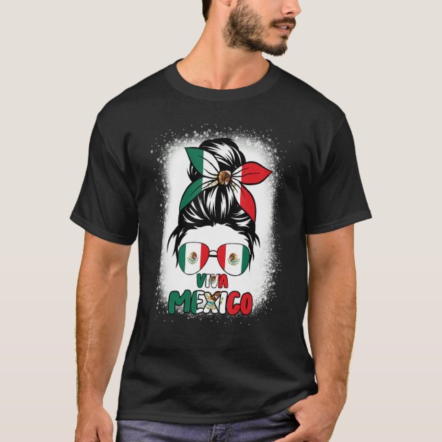 Camiseta Viva Mexico  Women Messy Bun Hair Mexican Flag Pri (Anverso)