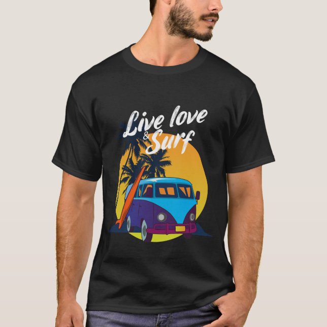 Camiseta Vive Ama & Surf Retro Surf Van Vida de Playa Gráfi (Anverso)