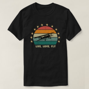 Camiseta "Vive Ama Vuela" Texto, Avión Antiguo Puesta de So