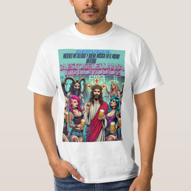 Camiseta Viviendo Como Dios: Cristo y Su Fiesta de Cerveza (Anverso)