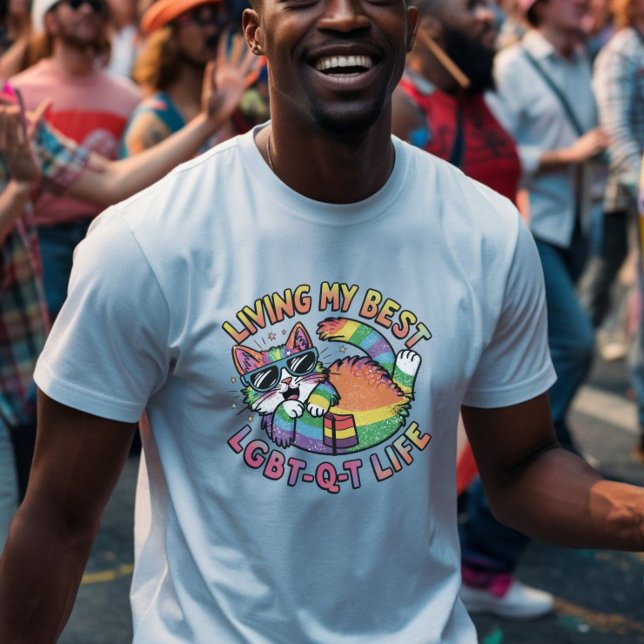 Camiseta Viviendo mi mejor gato del orgullo LGBT-Q-T (Living My Best LGBT-Q-T Life Pride Cat T-Shirt | LGBTQIA2S+ Rainbow Cat Tee)