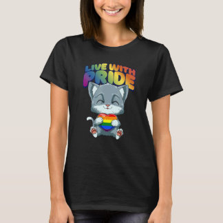 Camiseta Vivir con orgullo LGBTQ Heart Cat abrazando LGBTQ 