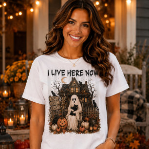 Camiseta Vivo aquí ahora Casa Embrujada Fantasma Halloween