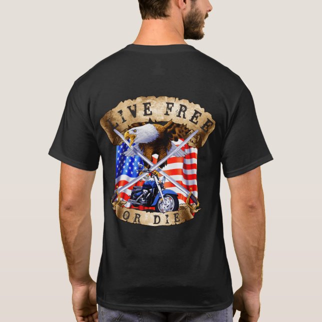 Camiseta Vivo libre o muerto, motocicleta Patriota, águila, (Reverso)