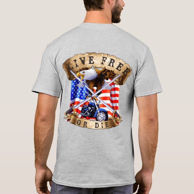 Camiseta Vivo libre o muerto, motocicleta Patriota, águila, (Reverso)