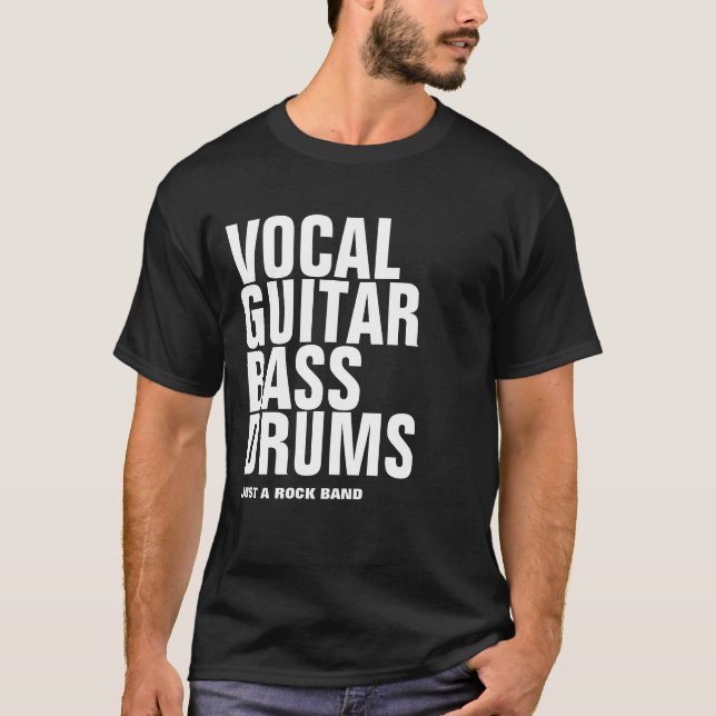 Camiseta vocal, guitarra, bajo, tambores... rock (Anverso)