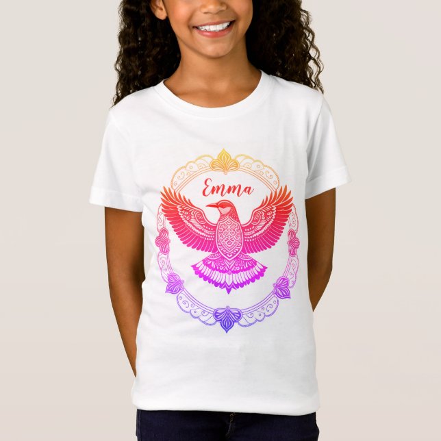 Camiseta Vogel im Mandala Farbverlauf Regenbogen (Anverso)