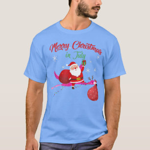 Camiseta Volando Santa con flamingo Feliz Navidad en julio