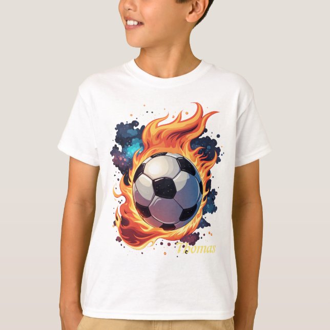 Camiseta Volando una pelota de fútbol con llamas. (Anverso)