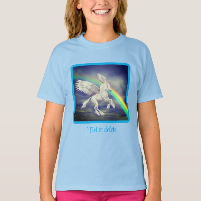 Camiseta Volando unicornio sobre caballo de fantasía arcoir (Anverso)